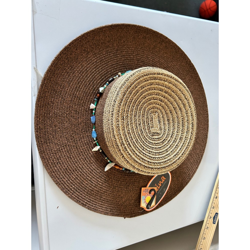Kallina UPF 50 Wide Brim Sun Hat Brown Straw Beaded Beach Vacation Adjustable